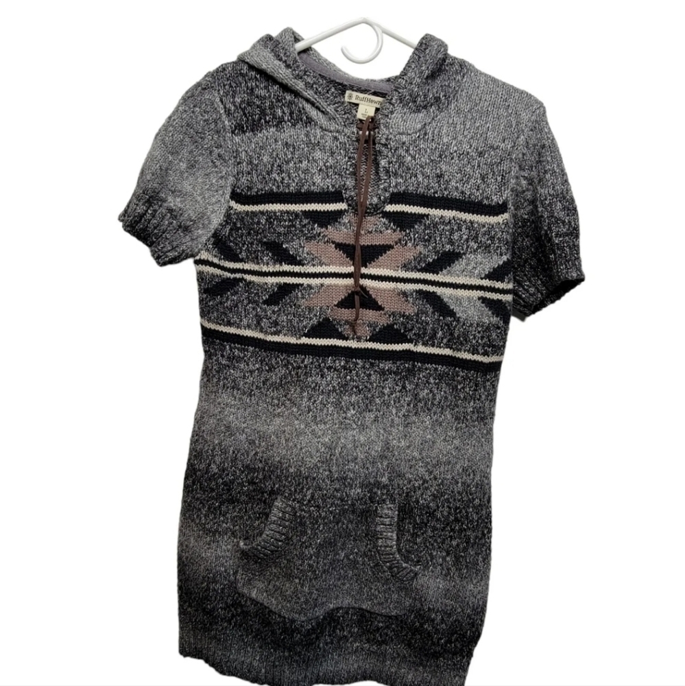 Ruff Hewn Slate Gray Aztec Short Sleeve Hooded Sz XL Sweater‎ Dress w Pockets